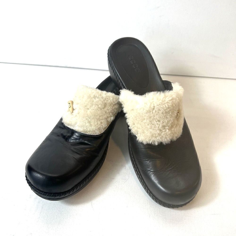 ECCO Women's Black Leather Comfort Mules Clogs Heels Size EU 38 US 7.5 Faux Fur